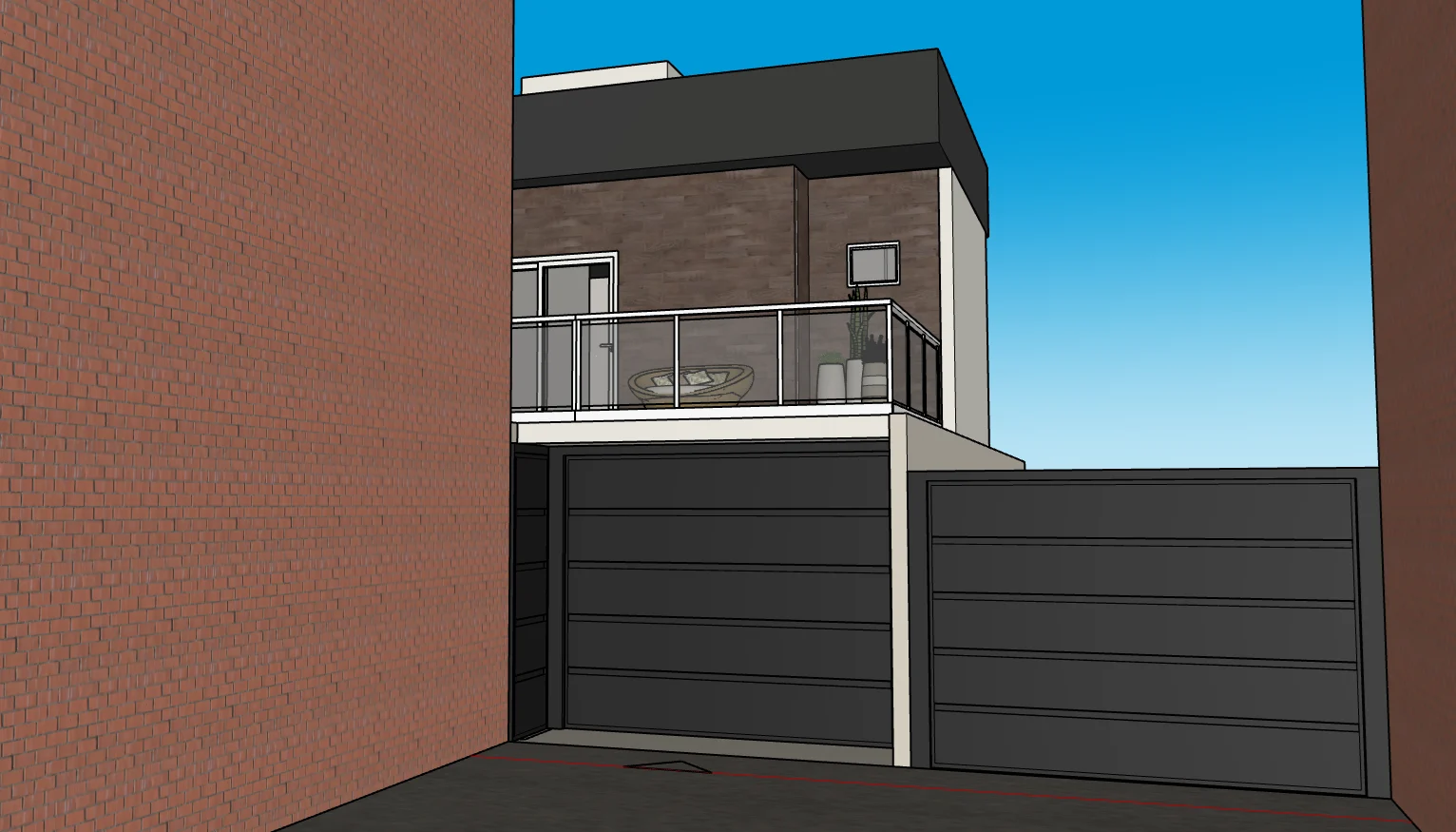 Modelo do arquiteto: fachada principal, com garagem e varanda
